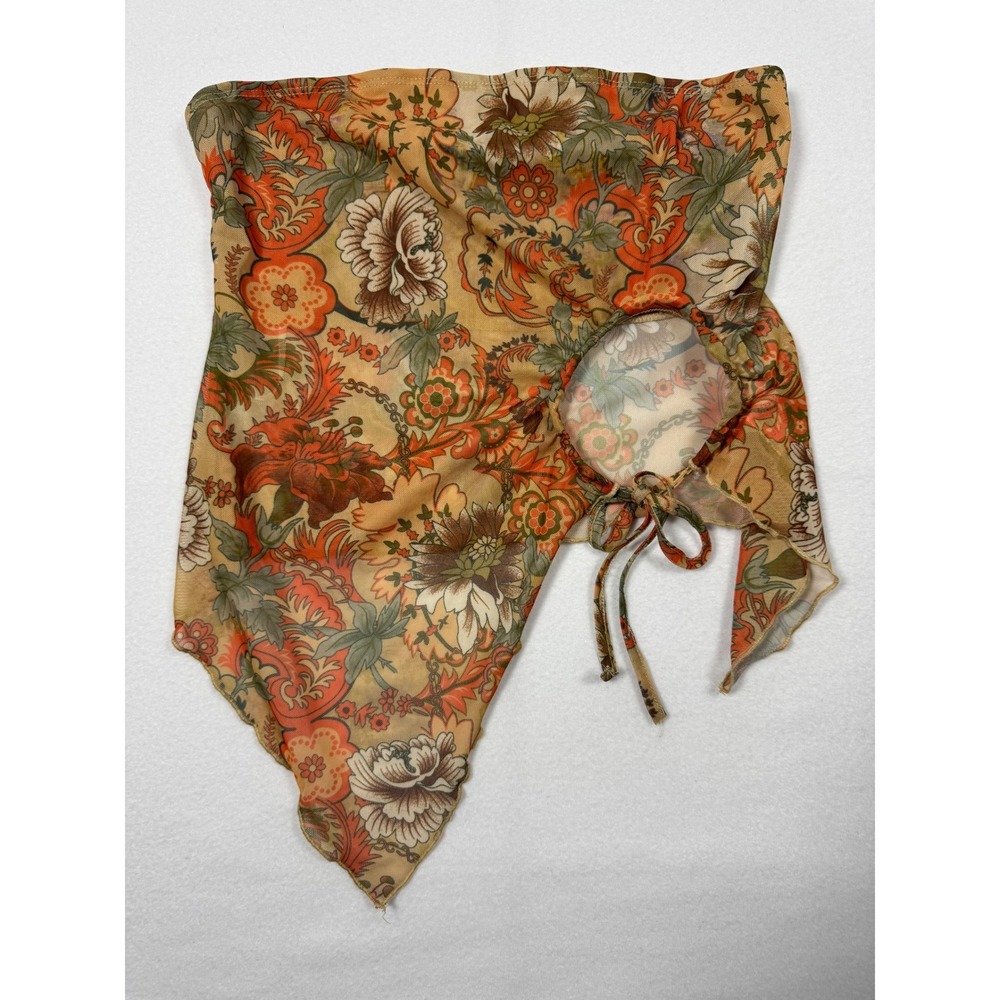 Boho 70s Style Floral Mesh Handkerchief Tube‎ Top Womens Medium Orange Paisley